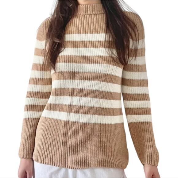 Talbots 100% Cotton Tan and Ivory Striped Shaker Knit Sweater Size XL - Picture 1 of 7